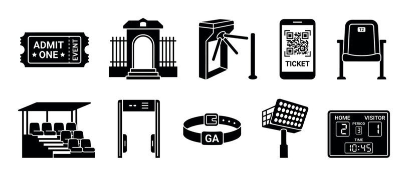 Event access and stadium elements icons depicting essential items such as tickets, entry gates, seating, security checks, and scoreboards.