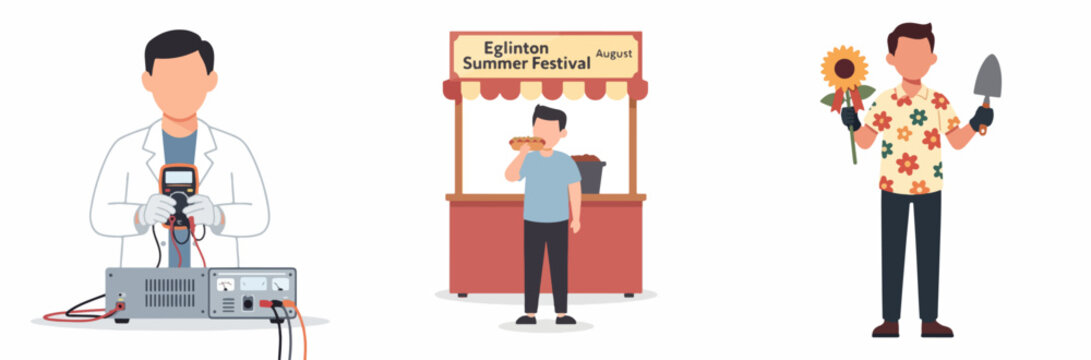 Festival scene with technician, food vendor, and gardener flat illustration