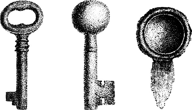 Antique key engraving set of three ornate metal keys on white background for vintage label background and decorative design use