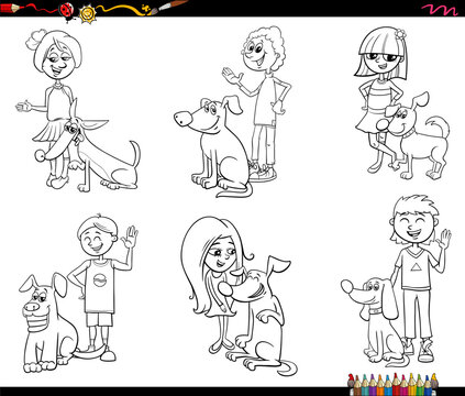 cartoon children and teens and their dogs characters set coloring page