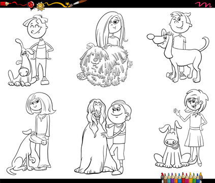 cartoon  girls and boys characters and their dogs set coloring page