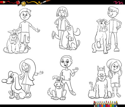 cartoon  girls and boys teen characters and their dogs set coloring page
