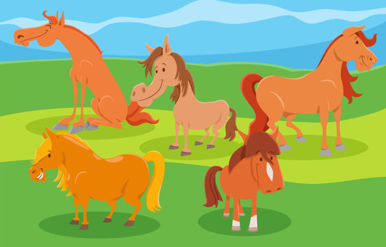 cute cartoon horses farm animals comic characters group