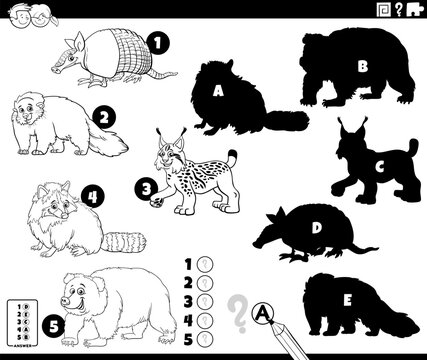 shadows puzzle with cartoon wild animal characters coloring page