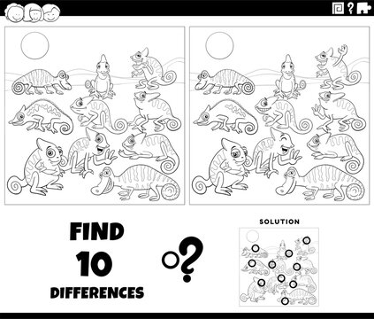 differences activity with cartoon chameleons animal characters group coloring page