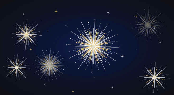 Sparking fireworks blast horizontal background layout featuring shiny golden and white fire work festive explosions on dark deep blue backdrop