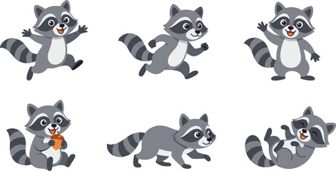 Obraz premium Cute raccoon cartoon vector illustration collection featuring running, waving, standing, sitting and playful woodland wildlife character poses isolated on white background