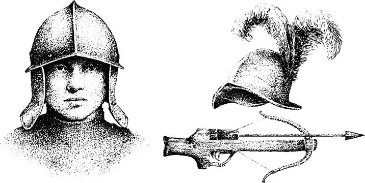 Medieval helmet portrait with plumed hat and crossbow bolt engraving for historical costume and weapon illustration elements