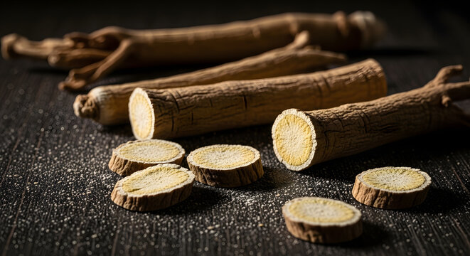 Sliced and whole licorice roots on dark surface.
