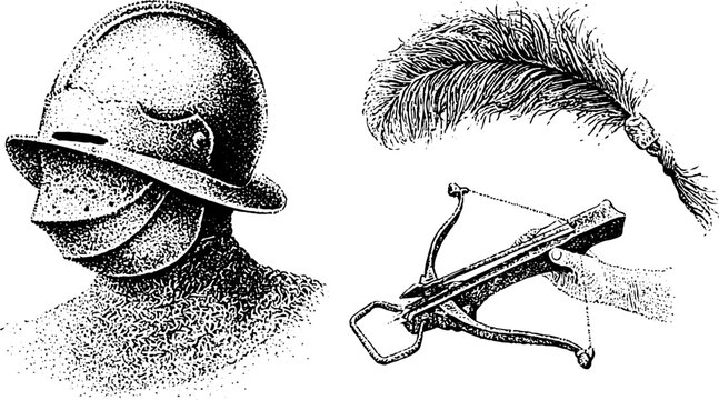 Engraved black and white conquistador helmet with feather plume and hand crossbow illustration for historical poster background and reference design