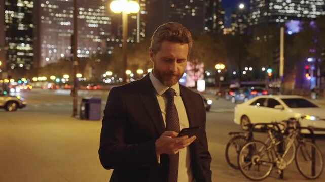 Businessman using phone. Man walk and talk on phone. Hispanic business man with smartphone. Business communication. Man reply late call. Successful businessman talking on phone outdoor. Big city