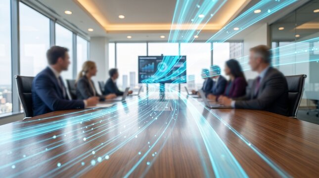 Business team in boardroom with glowing blue digital data flow lines connecting information across meeting table in high tech office environment