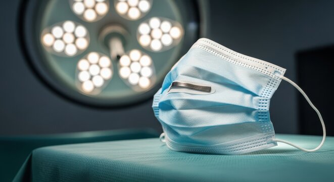 Surgical mask resting beside operating room lights