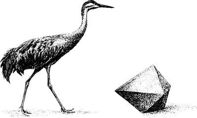 Obraz premium Crane with angular origami polyhedron and geometric paper form black and white stippled engraving for poster and banner design