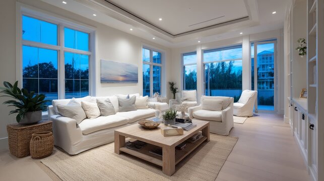 Light and bright modern living room interior at dusk with cozy home decor, soft ambient lighting, elegant contemporary furniture, spacious open living space and inviting residential lifestyle atmosphe
