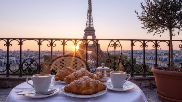 Romantic Morning Breakfast with Croissants and Coffee on a Balcony Overlooking the Eiffel Tower in Paris
