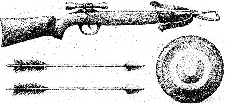 Vintage stocked crossbow with bolts and circular target in black and white stipple engraving for historical poster and background design