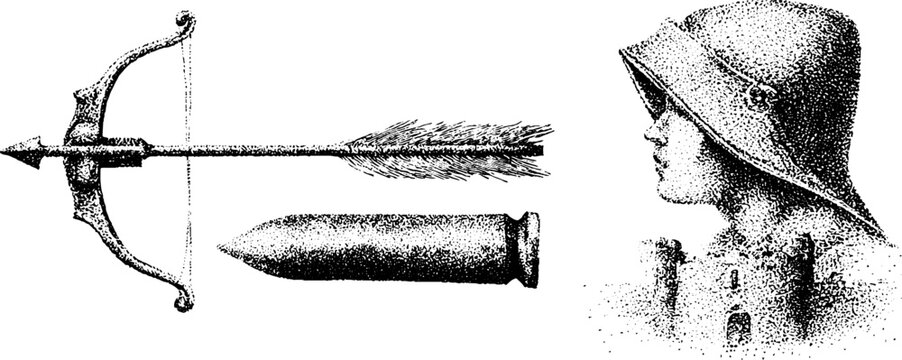 Medieval crossbow bolt and soldier helmet composition with castle battlement elements for historical design and educational poster