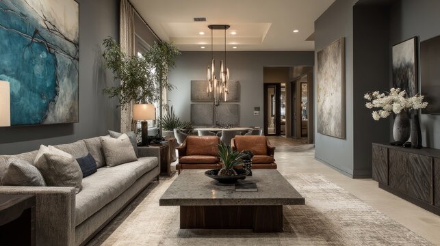Modern living room with transitional interior design, stylish sofa, elegant coffee table, contemporary wall decor, cozy residential lounge, bright open living space, sophisticated home styling with co