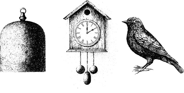 Antique bell cuckoo clock with carved bird and hanging weights black and white stipple engraving for isolated design element and vintage composition