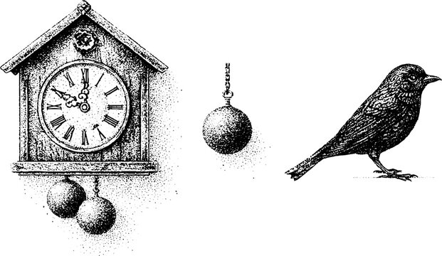 Cuckoo clock with single hanging weight and carved bird in black and white stipple engraving for poster background and decorative banner use