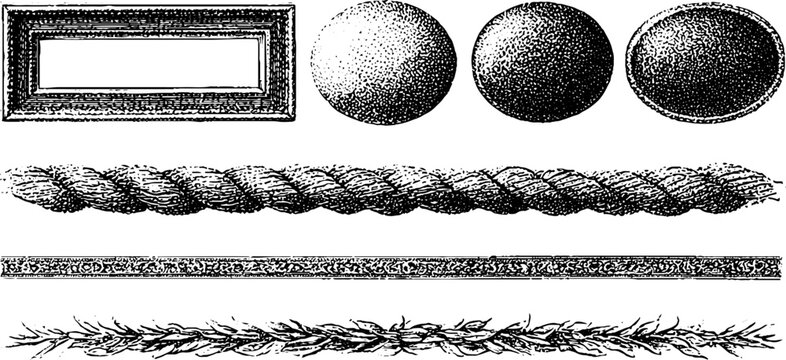 Engraved currency border collection with rectangular frame, oval medallions and braided rope divider for vintage label and border design