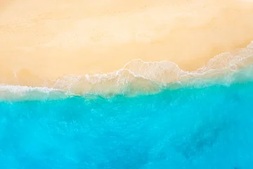 Fotobehang Luchtfoto Strand Turquoise ocean waves, sunny white sand beach, aerial top view. Crystal clear tropical water, minimal summer paradise. Relaxing travel background design, drone seascape wallpaper tranquil scene  © icemanphotos