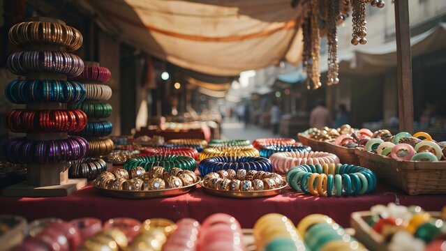 A beautiful street market stall stacked with colorful traditional Indian bangles for sale