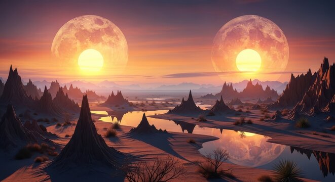 Twilight dual suns over enchanted forest valley