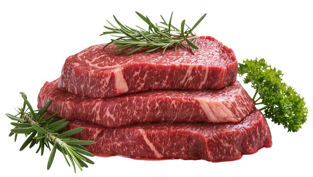 Isolated raw marbled beef steaks stacked with fresh rosemary and parsley on top