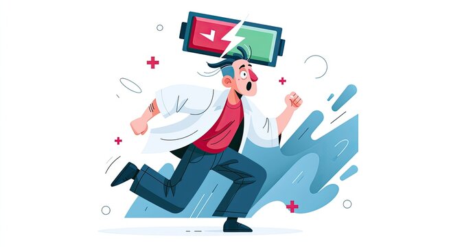 Stressed scientist running, low battery above, water splashes