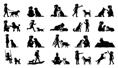 Obraz premium Girl with Pet Dog Silhouette Vector Collection Modern Canine Companion Illustration Isolated on White Background