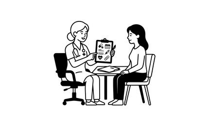 Industrial Style Black and White Line Drawing of Doctor Consulting Patient with Medical Clipboard © Azam