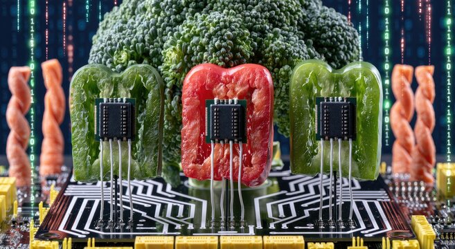 Futuristic vegetables with microchips and circuit boards