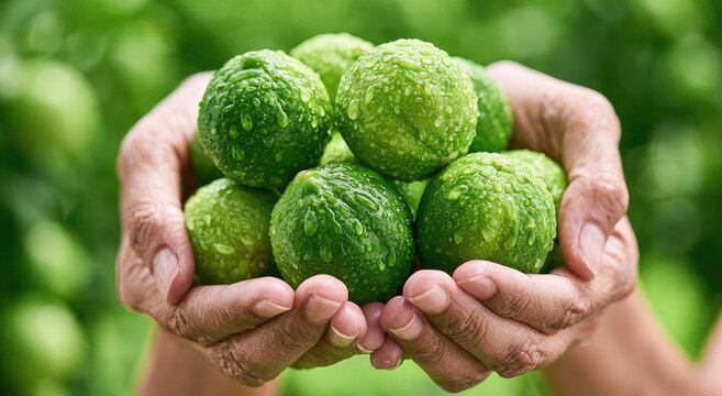 Hands hold a bounty of freshly picked, dewy green citrus fruits