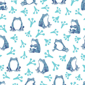 Cute watercolor frogs and tracks seamless pattern. Vector print with toads