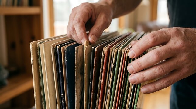 A person browsing through a collection of old vinyl records stored vertically, focusing on the weathered spines and colorful paper album sleeves