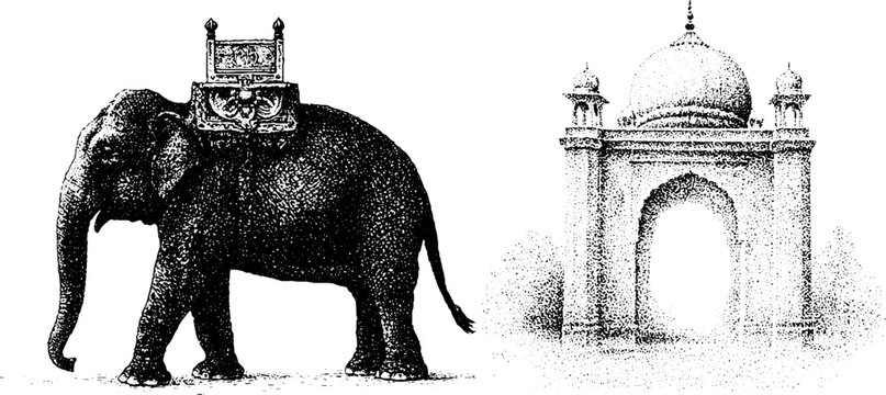 Black and white stippling elephant with ornate howdah beside palace gateway architectural and cultural illustration for poster and background design