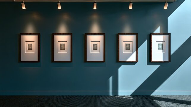 Framed artworks illuminated by track lighting on a blue wall
