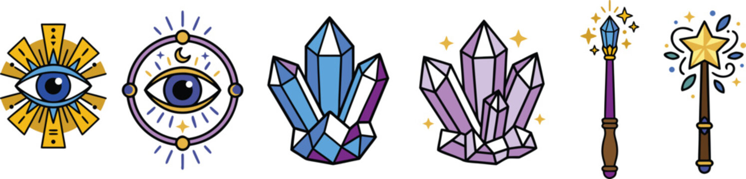 Mystic magic vector icon set with crystals magic wands and evil eye