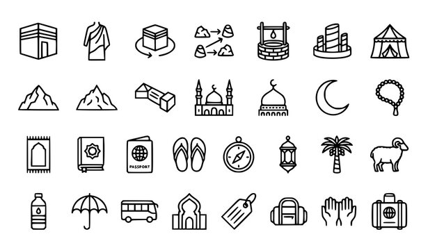 Modern Hajj and Umrah Outline Icon Set with Kaabah Ihram Madinah Pilgrimage Symbols Editable Vector