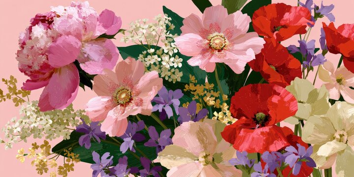 A vibrant bouquet of pink, red, and cream flowers on a soft pink backdrop