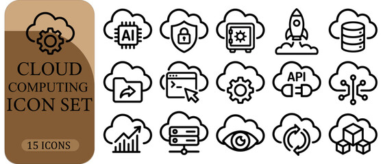 Obraz premium Cloud computing icon set with 15 icons, modern line style network technology symbols, digital storage and data security vector graphics
