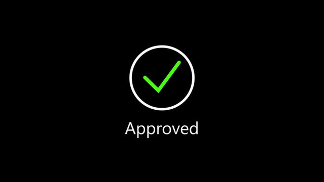 Green check mark approved icon animation loop on black background. Perfect for premium quality project status, task complete, true or false option, and successful system message.