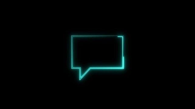 Bright cyan neon speech bubble chat message frame animation loop on black background. Useful for social media comments, dialogue box, user feedback, and neon text titles.