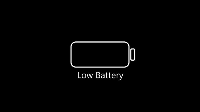 White flat style low battery icon animation with red text error warning on black background. Suitable for tech issues, system failure, power drainage, and critical device status.