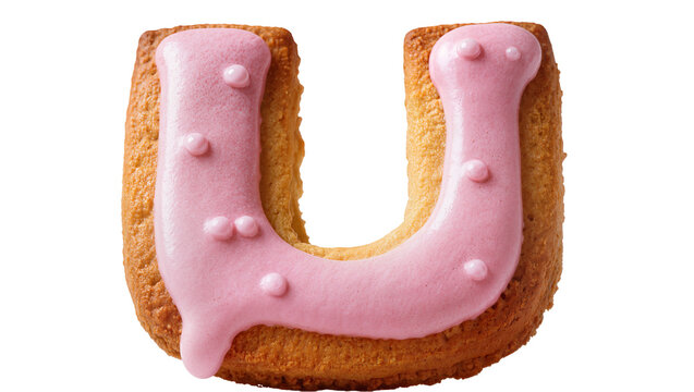 Isolated delicious alphabet letter U shaped biscuit with sweet pink icing and decorative sugar pearls