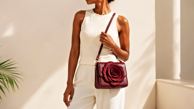 Woman Wears a Simple Sleeveless Ivory Outfit and Carries Structured Crossbody Bag with a Large Dimensional Rose Applique