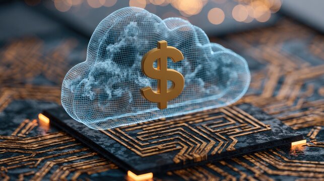 Golden dollar sign inside a glowing cloud over a complex circuit board
