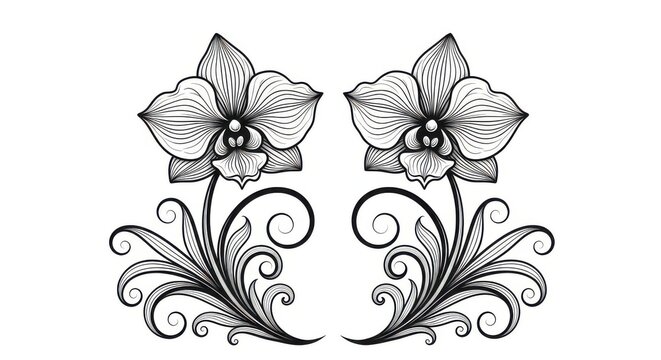 Elegant symmetrical orchid florals with intricate scrollwork leaves